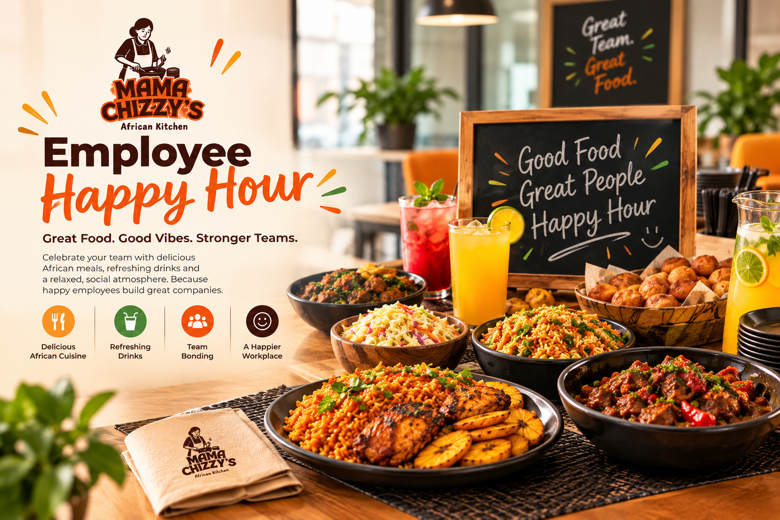 African office catering spread for Employee Happy Hour